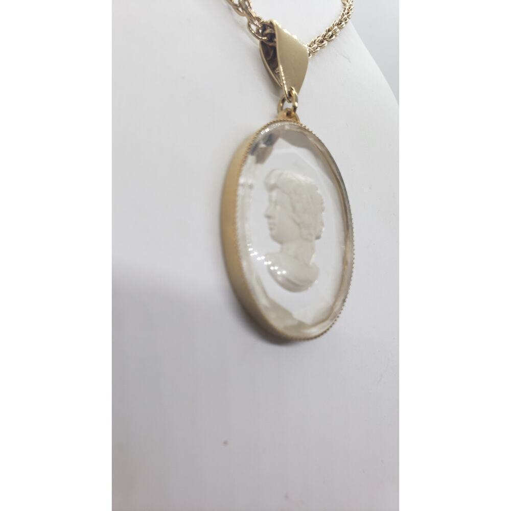 Vintage Intaglio Reverse Engraved Cameo Necklace Rope Chain Faceted Pendant 1970 - Picture 5 of 12